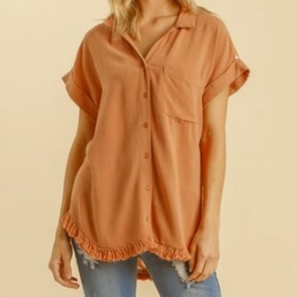 Linen Blend Dalmatian Print Short Folded Sleeve Collar Button Up with Chest Pock